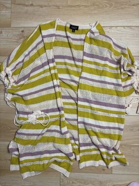 Striped Mesh Knit Short Sleeve Cardigan Beach Festival Boho Artsy Breezy Medium